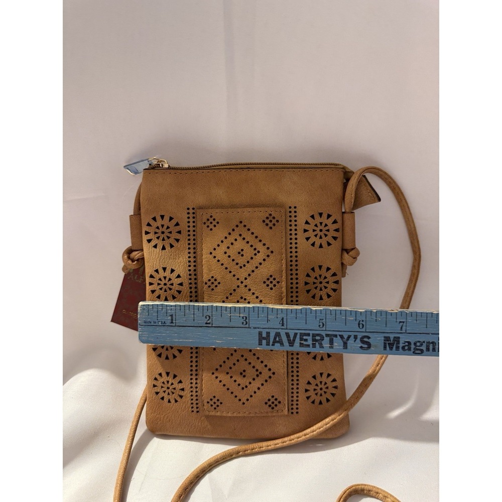 Alfa Bags Tan Laser Cut Crossbody Bag Small Faux Leather Purse NWT - Picture 4 of 11